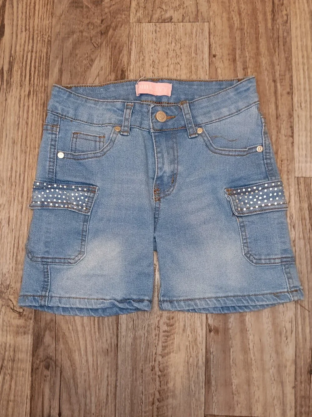 Girls Light Blue Denim Cargo Shorts with Studded Flap Pockets